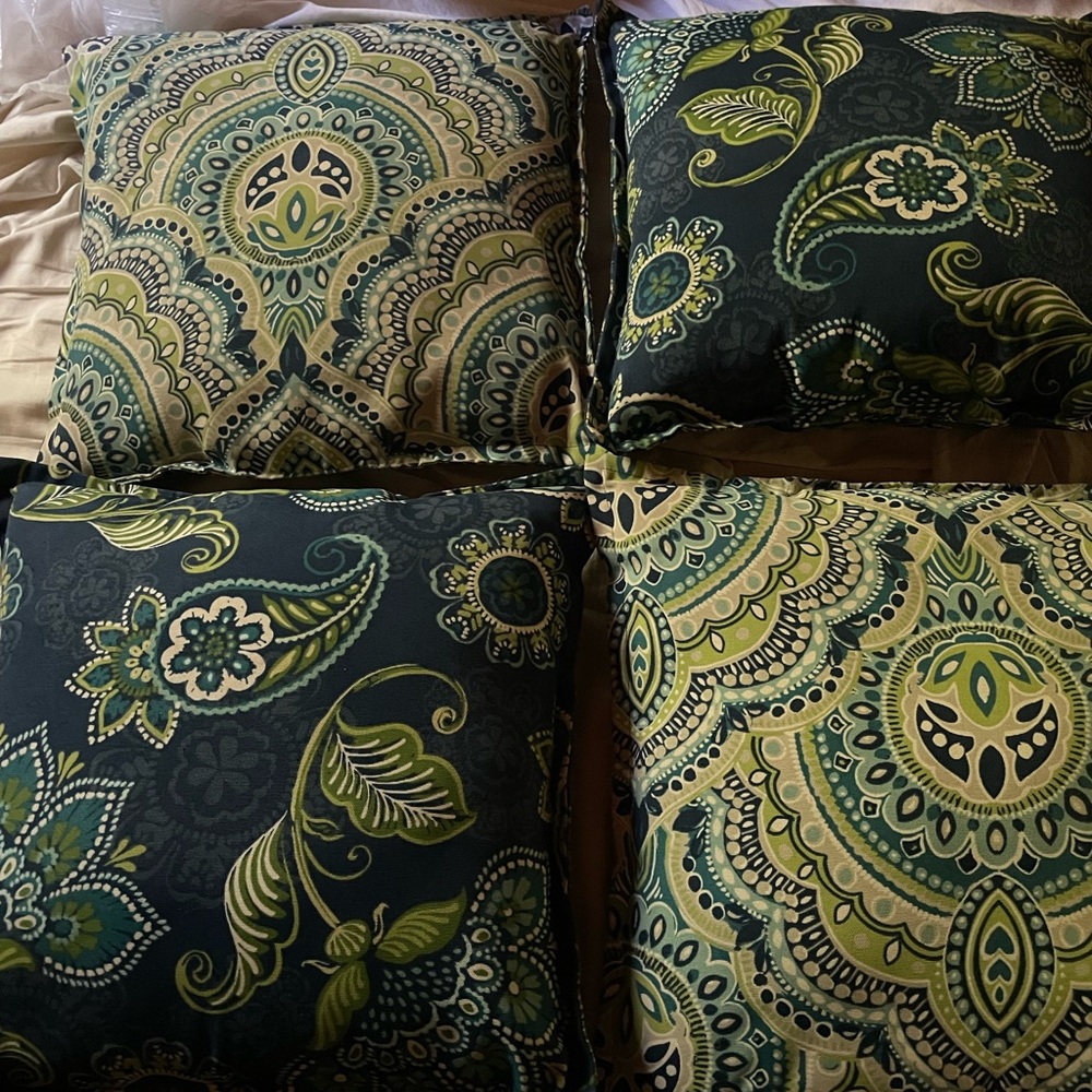 FOUR Elegant Green and Blue Accent Pillows BOHO print NWOT